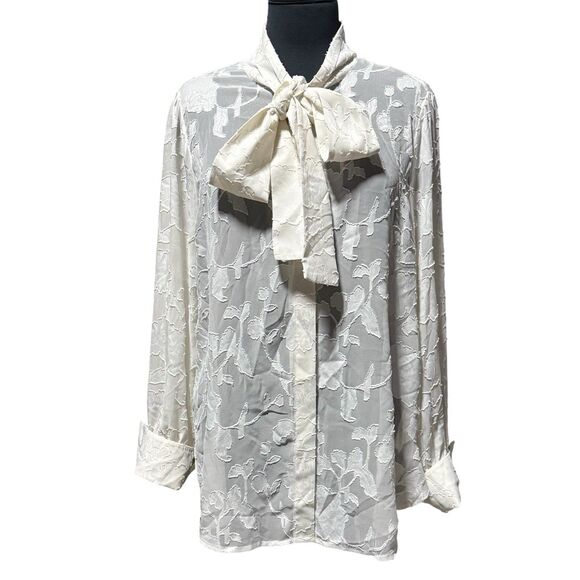 Michael Kors Women’s Sheer Floral Burnout Blouse Top Tie Neck Size L Ivory - Picture 1 of 9